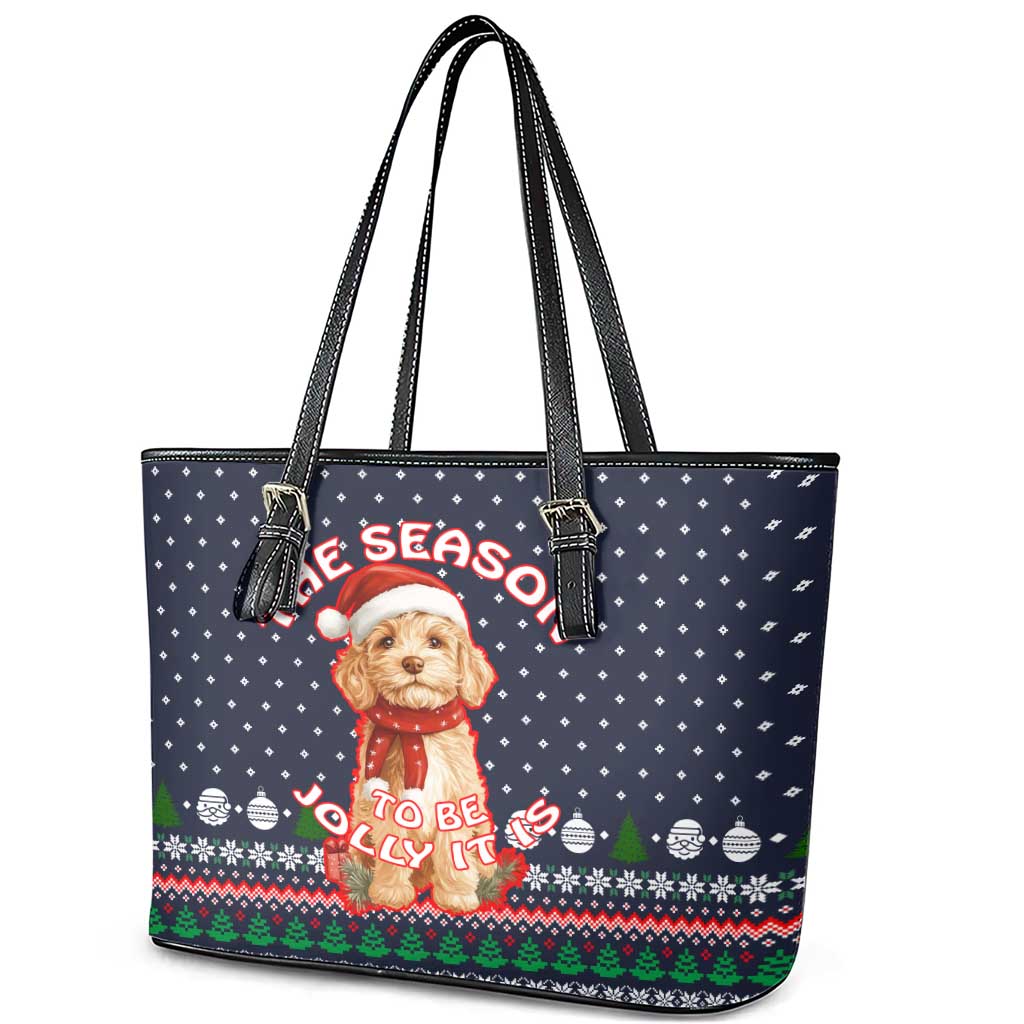 The Season To Be Jolly Goldendoodle Christmas Leather Tote Bag Xmas Holiday Patterns - Wonder Print Shop