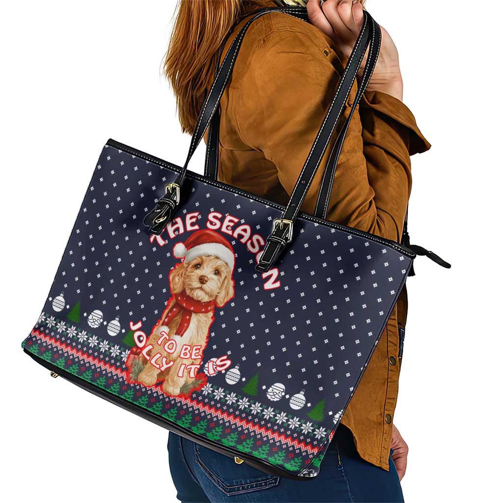 The Season To Be Jolly Goldendoodle Christmas Leather Tote Bag Xmas Holiday Patterns - Wonder Print Shop