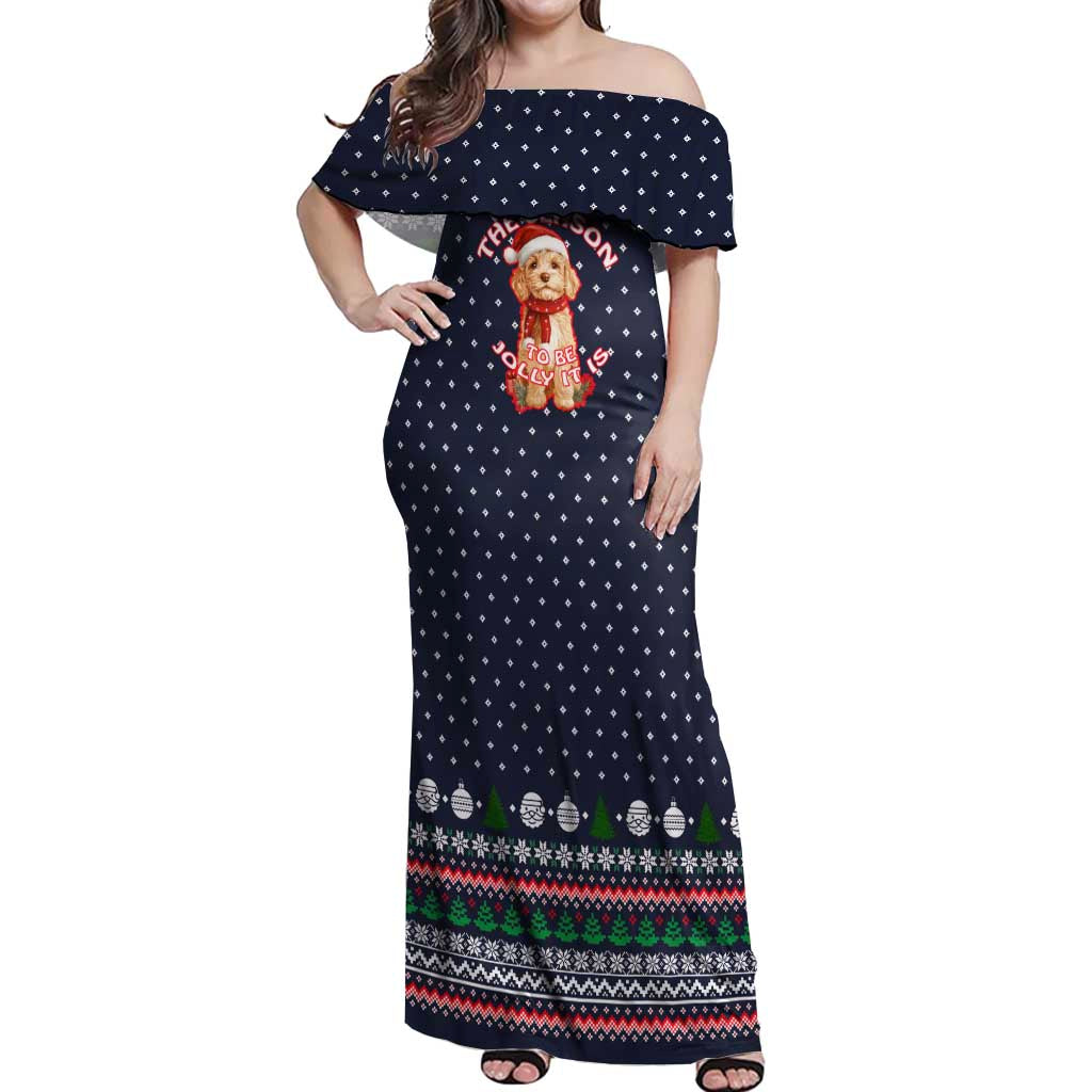 xmas maxi dress The Season To Be Jolly Goldendoodle Christmas Off Shoulder Maxi Dress Xmas Holiday Patterns