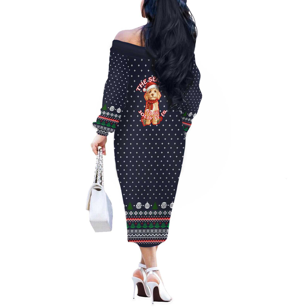The Season To Be Jolly Goldendoodle Christmas Off The Shoulder Long Sleeve Dress Xmas Holiday Patterns - Wonder Print Shop