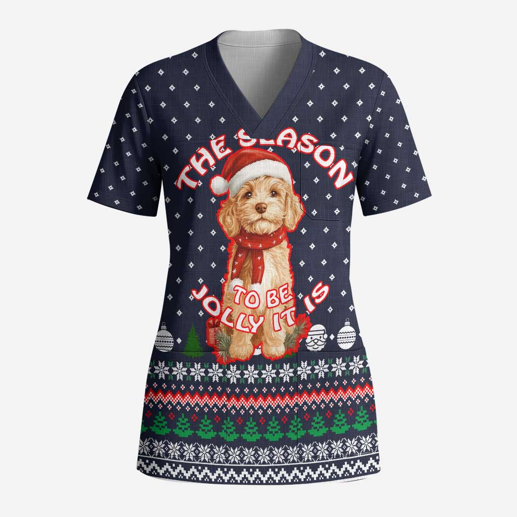 The Season To Be Jolly Goldendoodle Christmas Scrub Top Xmas Holiday Patterns - Wonder Print Shop