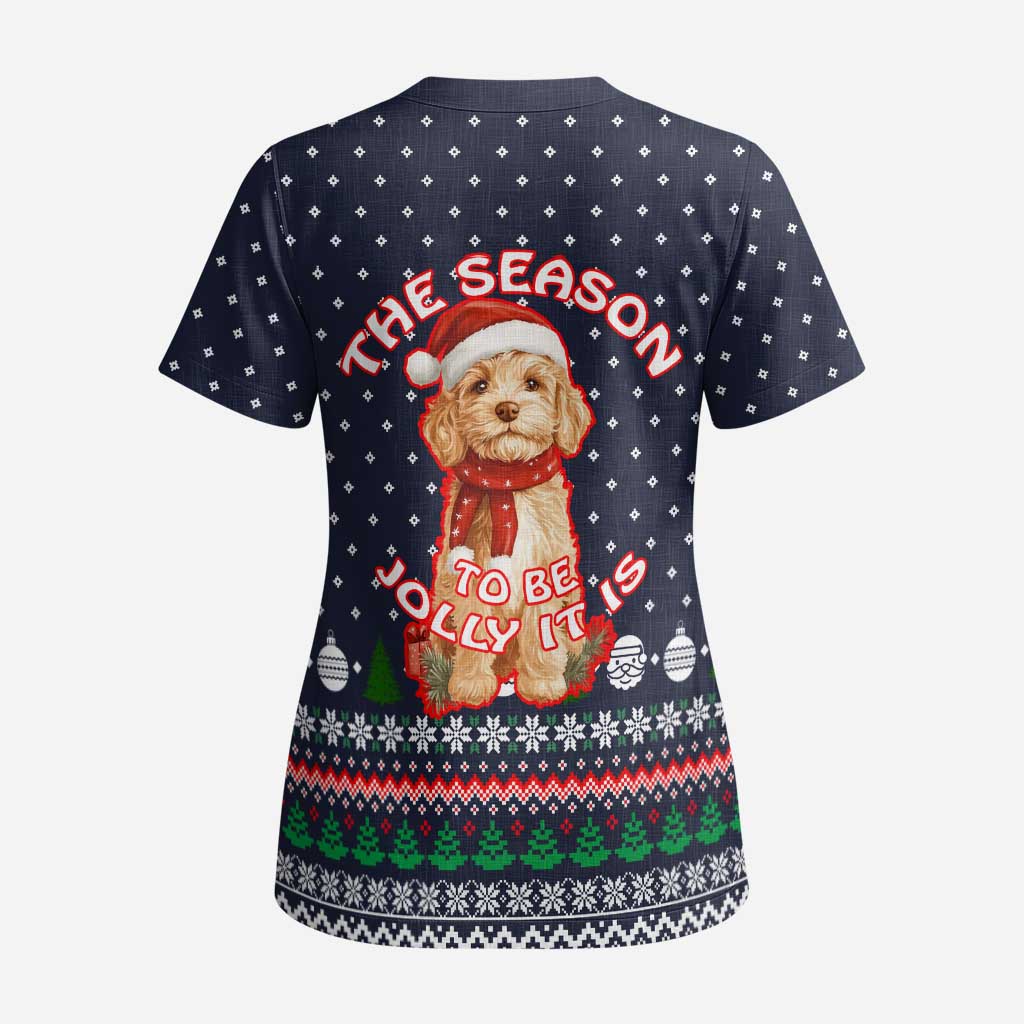 The Season To Be Jolly Goldendoodle Christmas Scrub Top Xmas Holiday Patterns - Wonder Print Shop