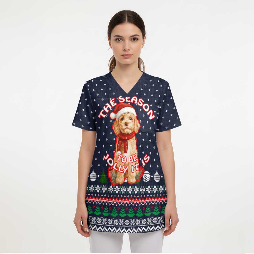 The Season To Be Jolly Goldendoodle Christmas Scrub Top Xmas Holiday Patterns - Wonder Print Shop