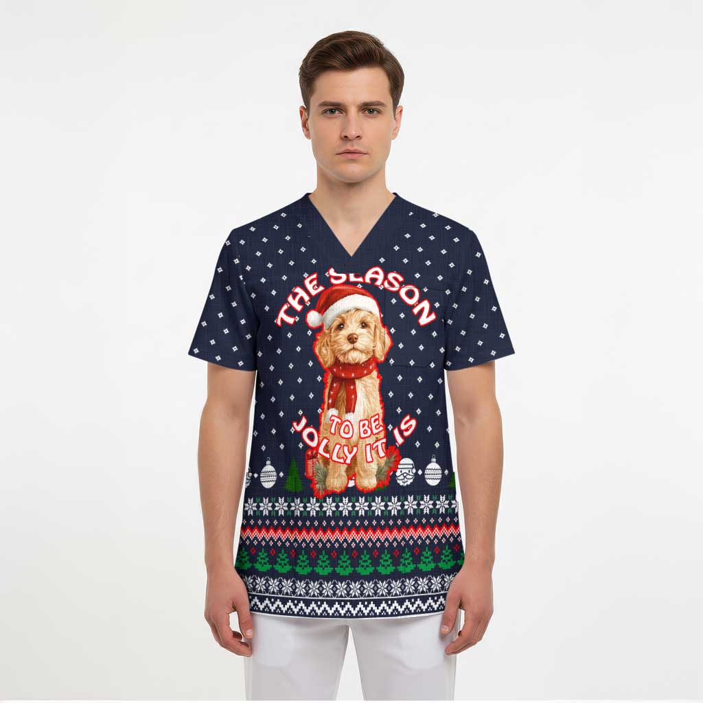 The Season To Be Jolly Goldendoodle Christmas Scrub Top Xmas Holiday Patterns - Wonder Print Shop