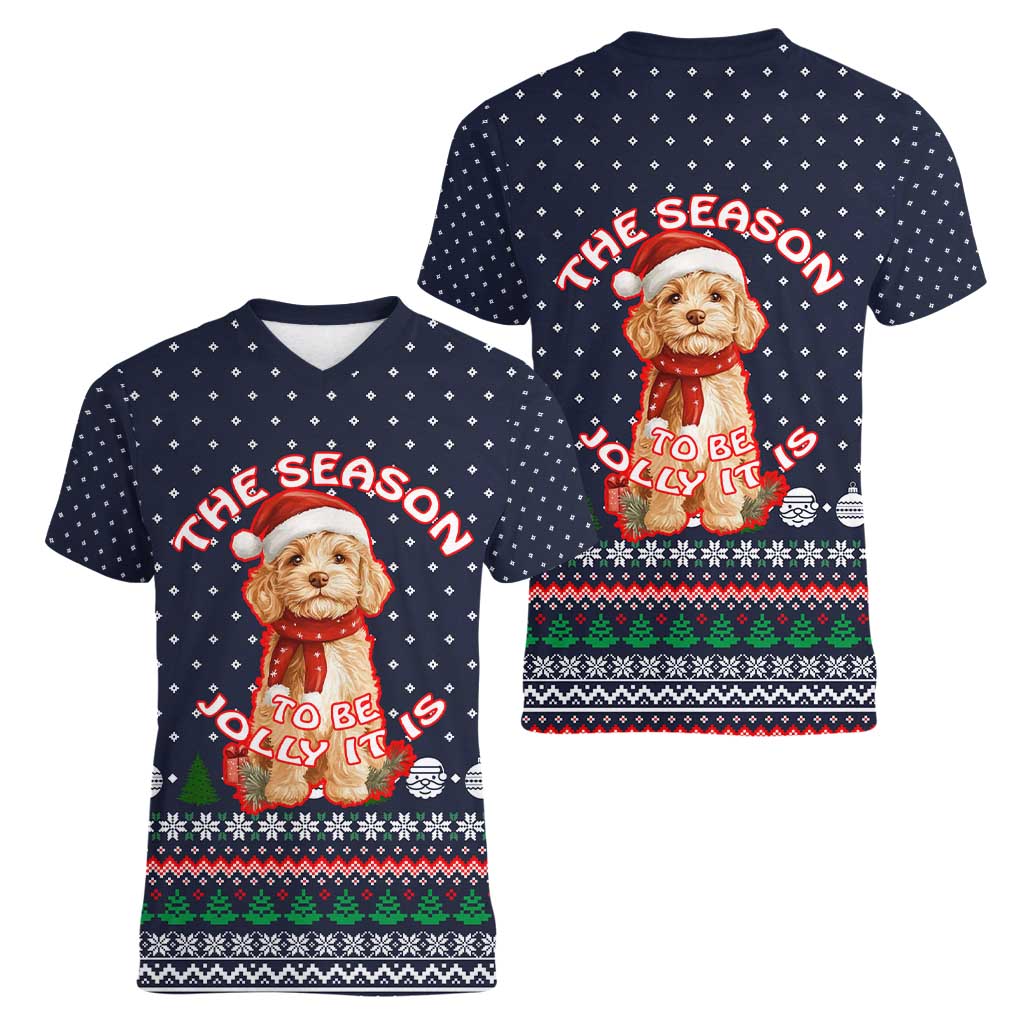 The Season To Be Jolly Goldendoodle Christmas Women V-Neck T-Shirt Xmas Holiday Patterns - Wonder Print Shop