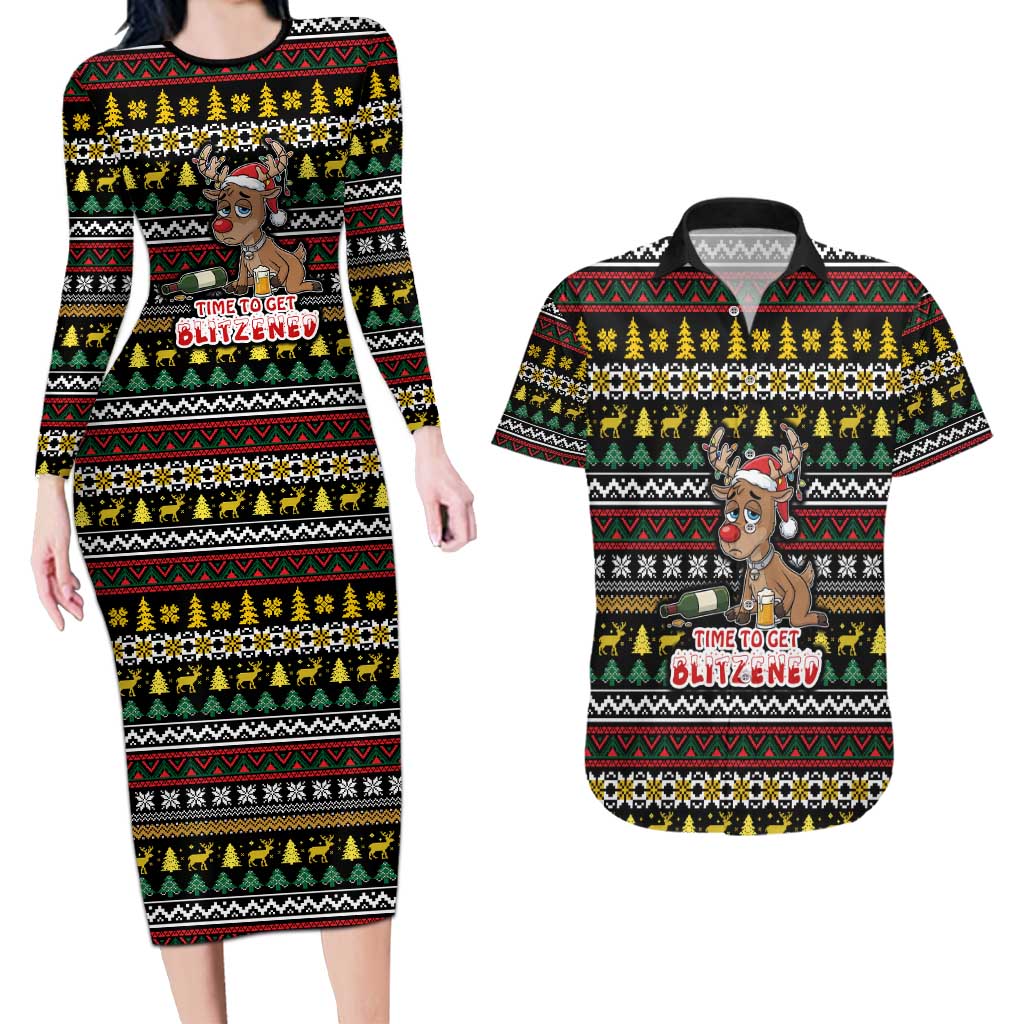 Time To Get Blitzened Christmas Couples Matching Long Sleeve Bodycon Dress and Hawaiian Shirt Xmas Holiday Patterns - Wonder Print Shop