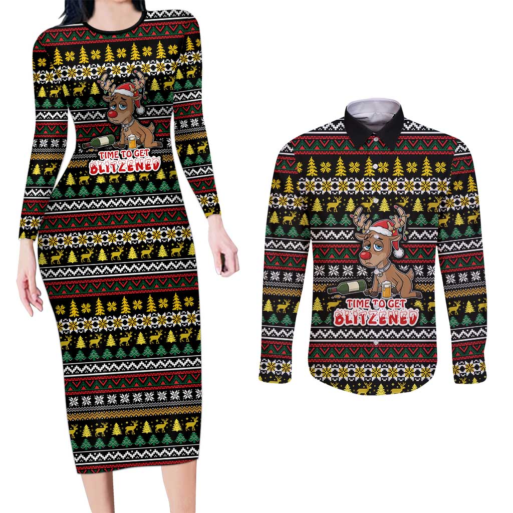 Time To Get Blitzened Christmas Couples Matching Long Sleeve Bodycon Dress and Long Sleeve Button Shirt Xmas Holiday Patterns - Wonder Print Shop
