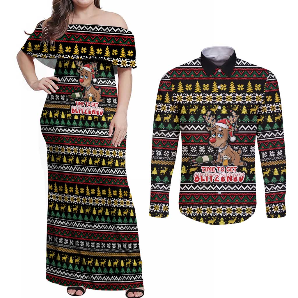 Time To Get Blitzened Christmas Couples Matching Off Shoulder Maxi Dress and Long Sleeve Button Shirt Xmas Holiday Patterns - Wonder Print Shop