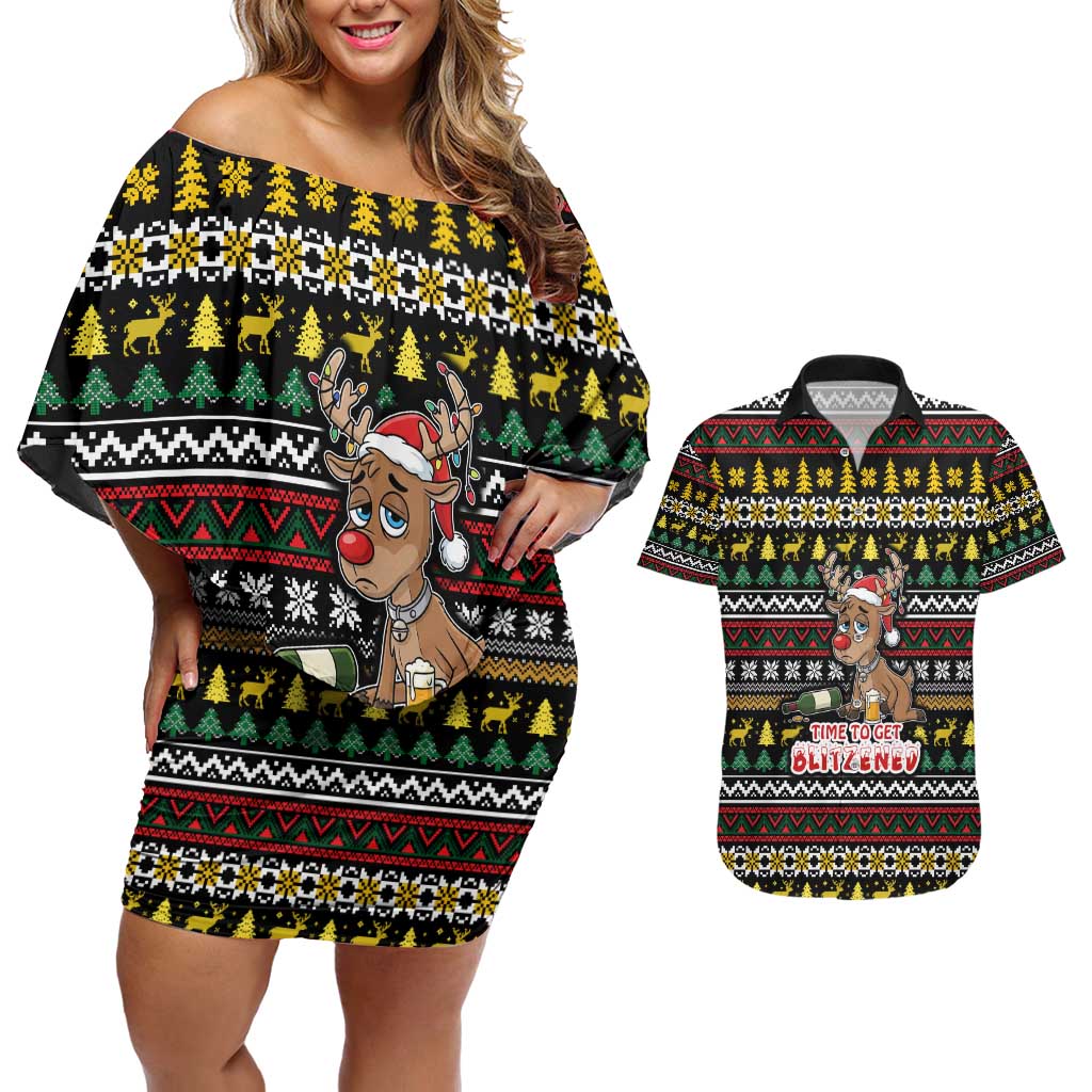Time To Get Blitzened Christmas Couples Matching Off Shoulder Short Dress and Hawaiian Shirt Xmas Holiday Patterns - Wonder Print Shop