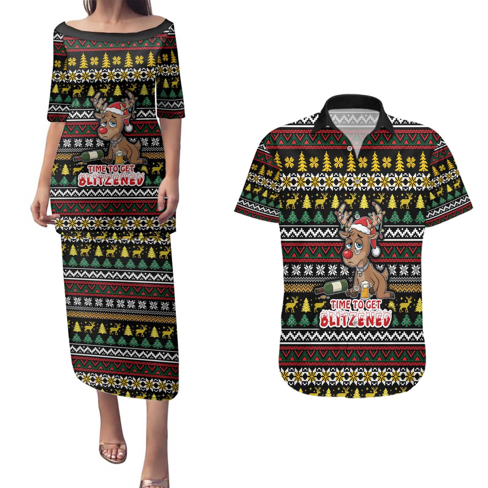 Time To Get Blitzened Christmas Couples Matching Puletasi and Hawaiian Shirt Xmas Holiday Patterns - Wonder Print Shop