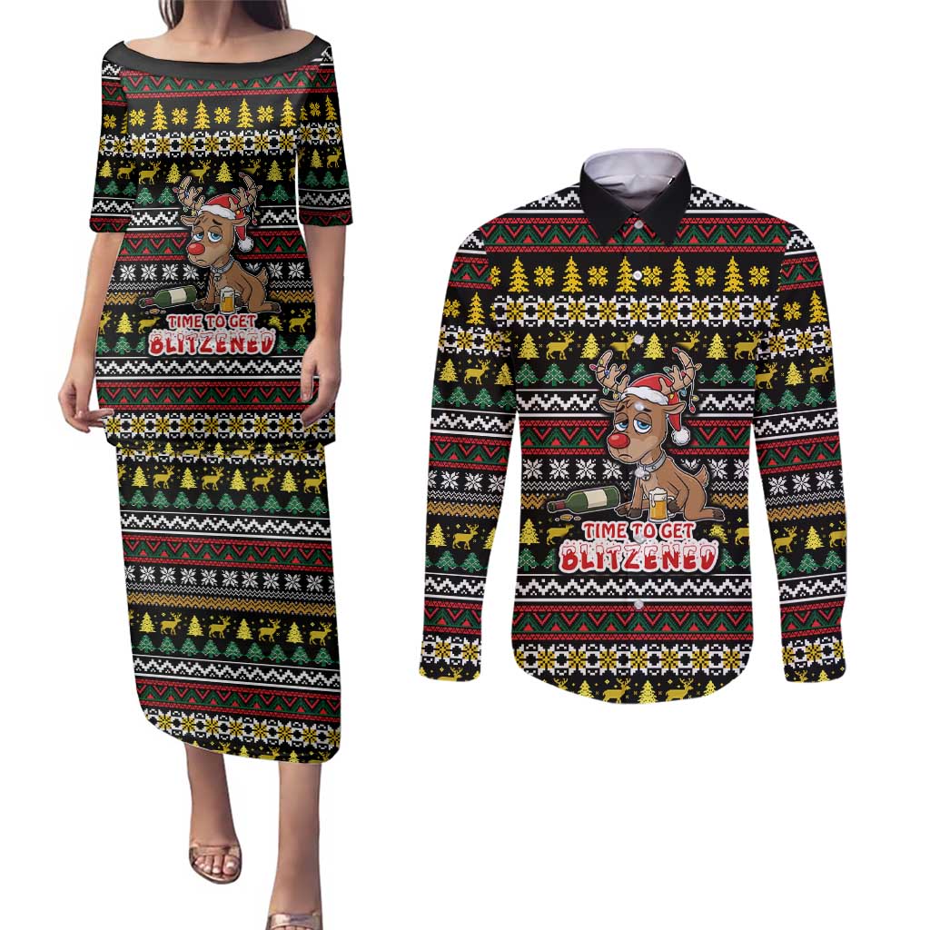 Time To Get Blitzened Christmas Couples Matching Puletasi and Long Sleeve Button Shirt Xmas Holiday Patterns - Wonder Print Shop