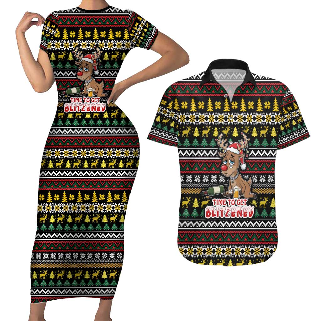 Time To Get Blitzened Christmas Couples Matching Short Sleeve Bodycon Dress and Hawaiian Shirt Xmas Holiday Patterns - Wonder Print Shop