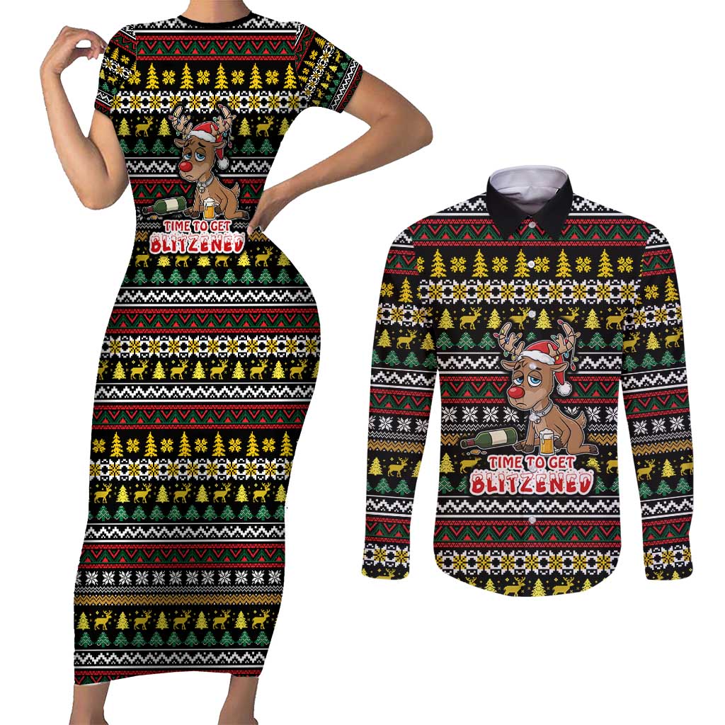 Time To Get Blitzened Christmas Couples Matching Short Sleeve Bodycon Dress and Long Sleeve Button Shirt Xmas Holiday Patterns - Wonder Print Shop