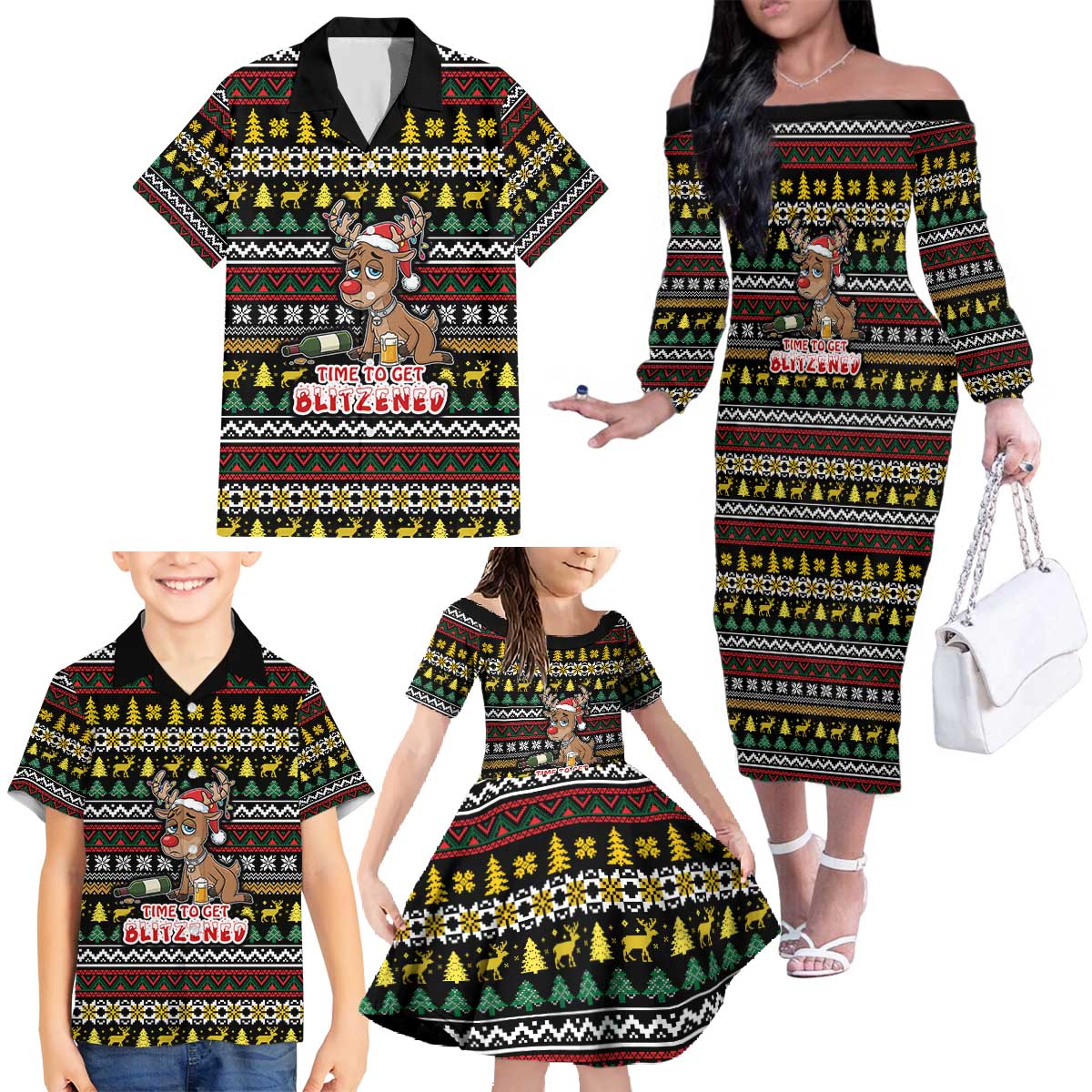 Time To Get Blitzened Christmas Family Matching Off The Shoulder Long Sleeve Dress and Hawaiian Shirt Xmas Holiday Patterns - Wonder Print Shop