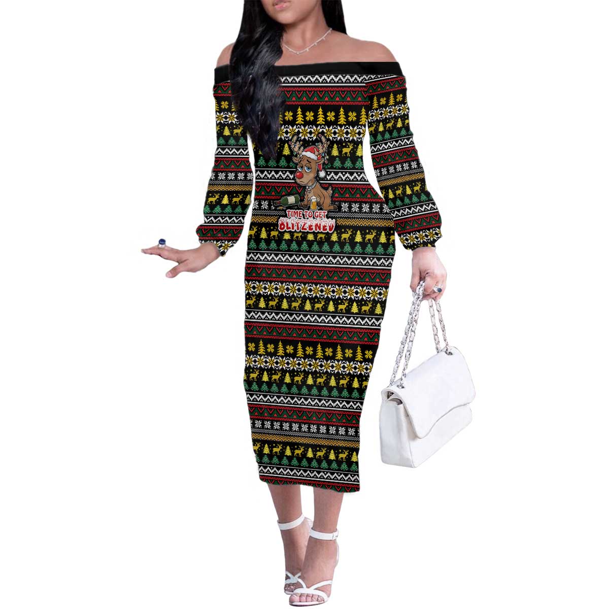 Time To Get Blitzened Christmas Family Matching Off The Shoulder Long Sleeve Dress and Hawaiian Shirt Xmas Holiday Patterns - Wonder Print Shop