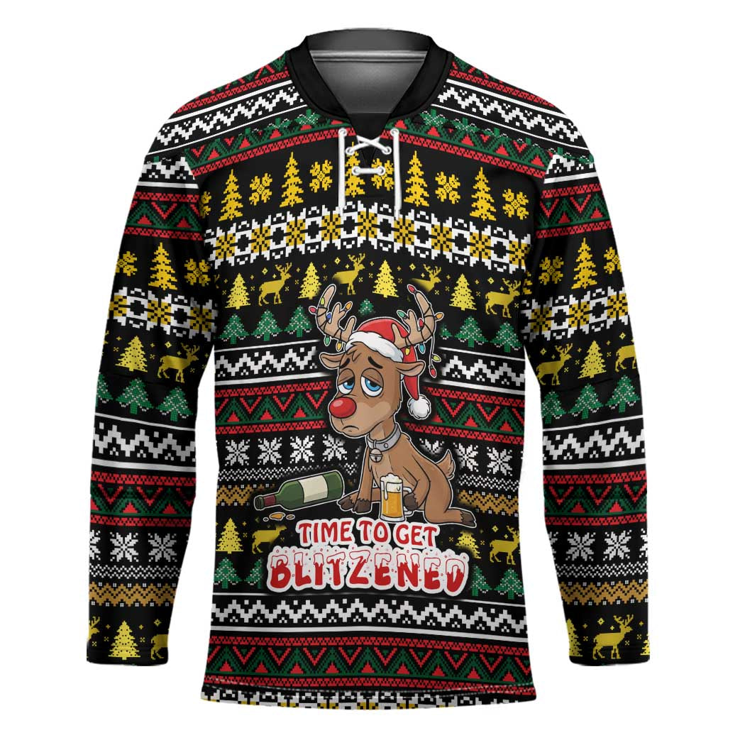 Time To Get Blitzened Christmas Hockey Jersey Xmas Holiday Patterns - Wonder Print Shop