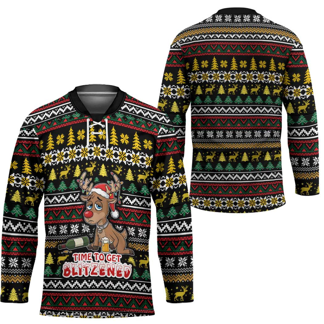 Time To Get Blitzened Christmas Hockey Jersey Xmas Holiday Patterns - Wonder Print Shop
