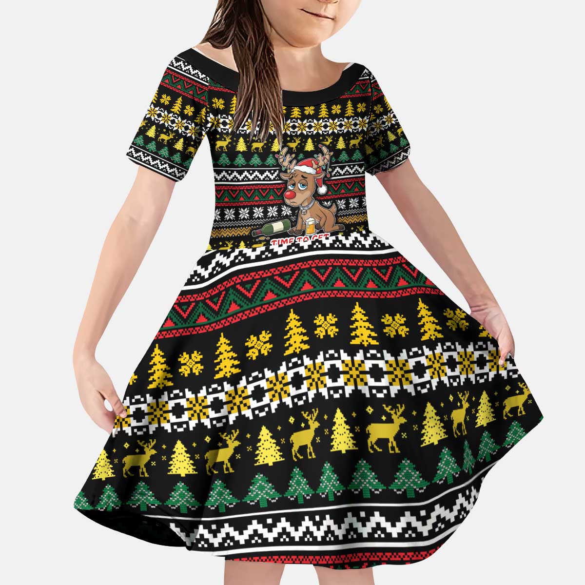 Time To Get Blitzened Christmas Kid Short Sleeve Dress Xmas Holiday Patterns - Wonder Print Shop
