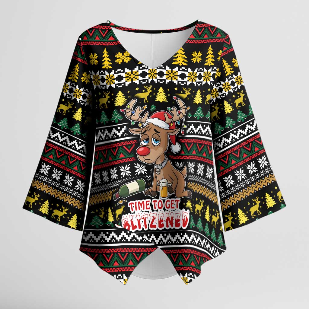Time To Get Blitzened Christmas Kimono Sleeve Blouse Xmas Holiday Patterns - Wonder Print Shop