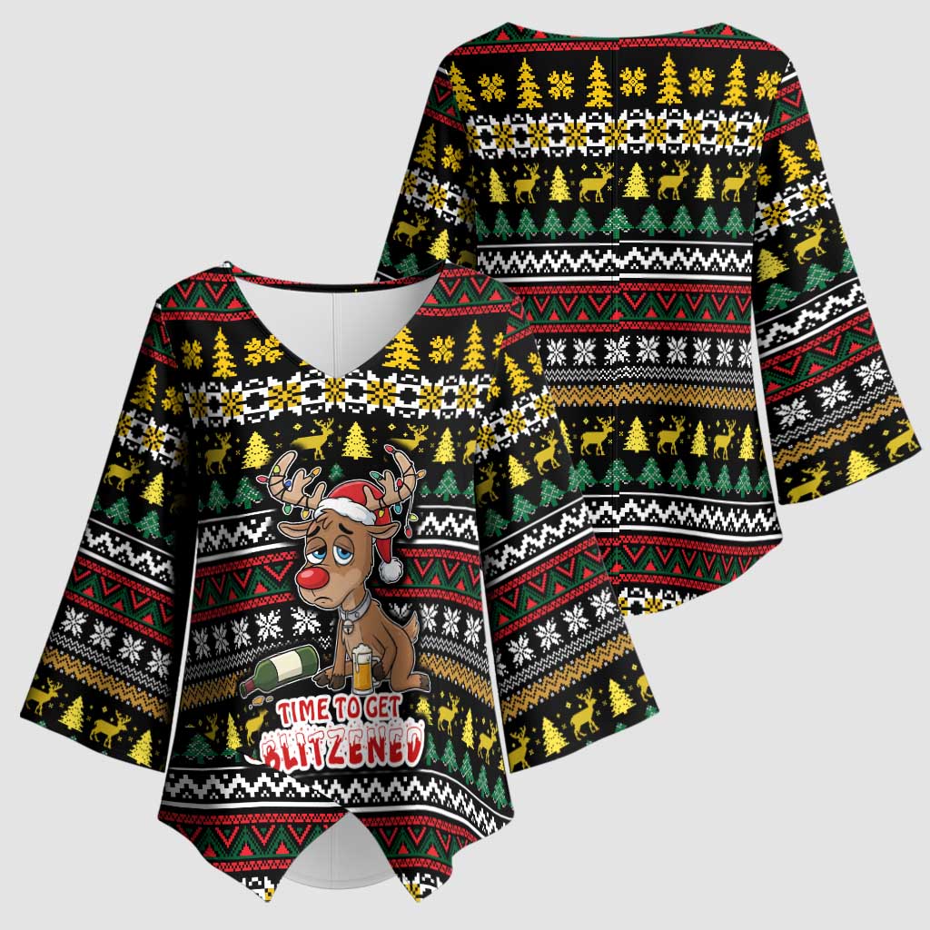 Time To Get Blitzened Christmas Kimono Sleeve Blouse Xmas Holiday Patterns - Wonder Print Shop