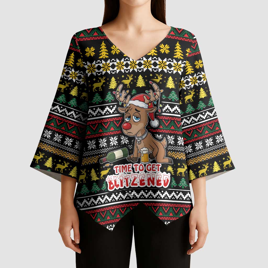 Time To Get Blitzened Christmas Kimono Sleeve Blouse Xmas Holiday Patterns - Wonder Print Shop