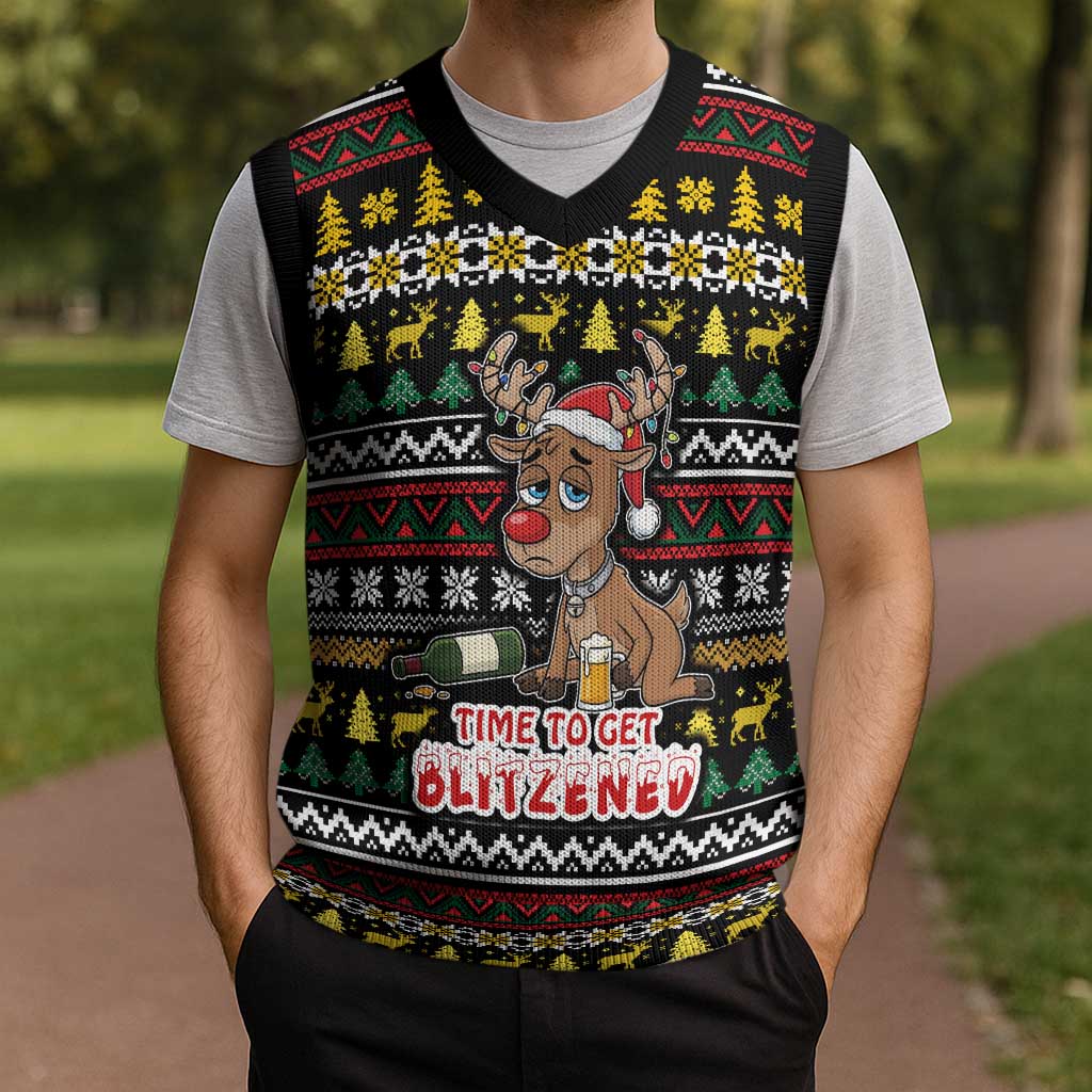 Time To Get Blitzened Christmas Knitted V-Neck Vest Xmas Holiday Patterns - Wonder Print Shop