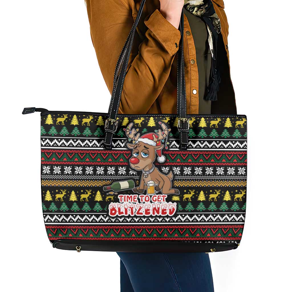Time To Get Blitzened Christmas Leather Tote Bag Xmas Holiday Patterns - Wonder Print Shop