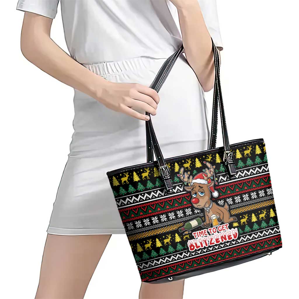 Time To Get Blitzened Christmas Leather Tote Bag Xmas Holiday Patterns - Wonder Print Shop
