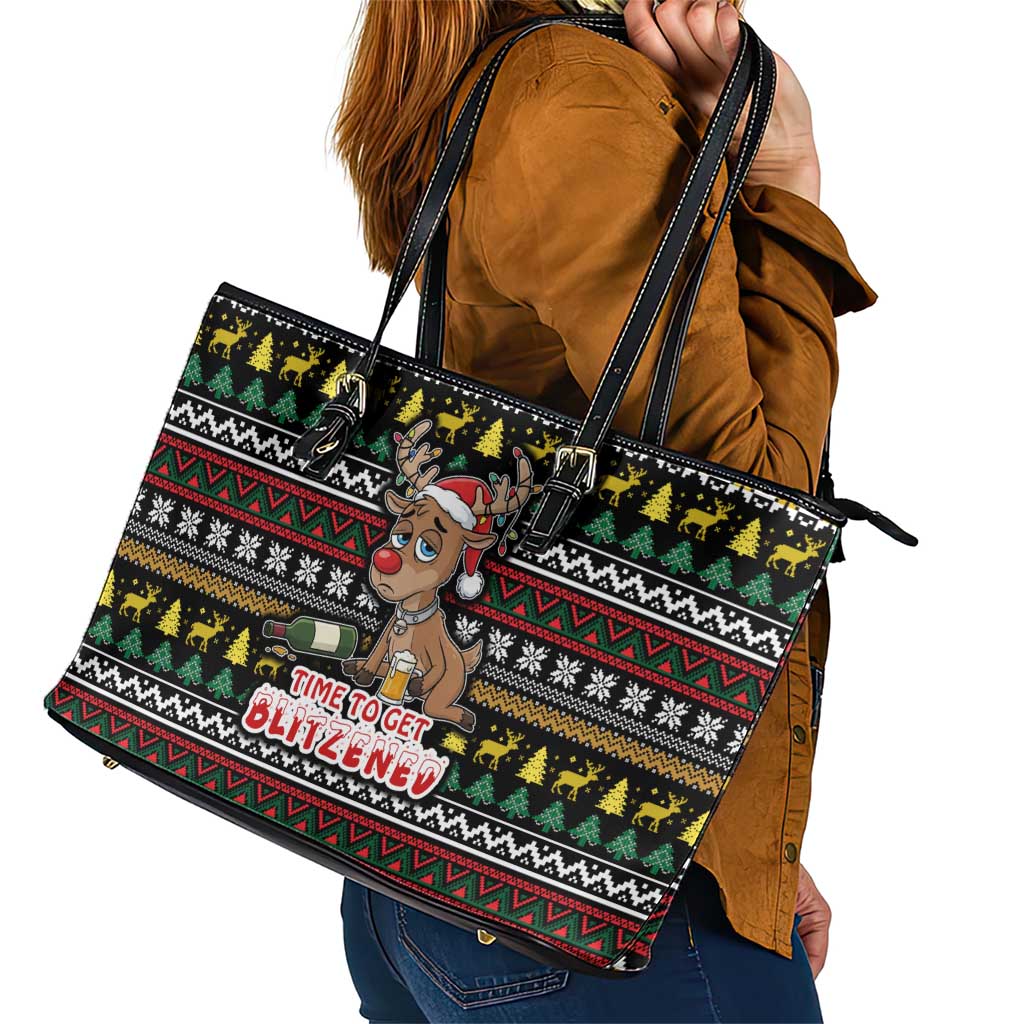 Time To Get Blitzened Christmas Leather Tote Bag Xmas Holiday Patterns - Wonder Print Shop