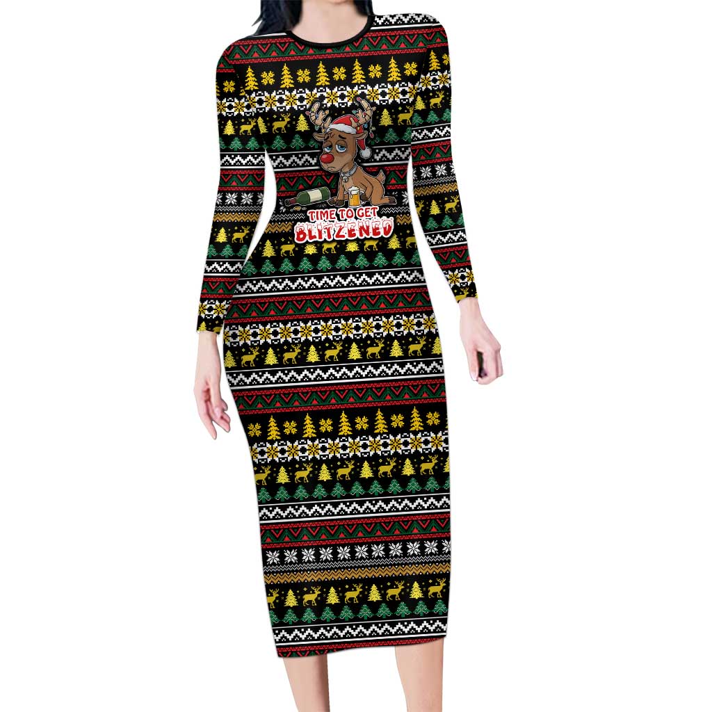 Time To Get Blitzened Christmas Long Sleeve Bodycon Dress Xmas Holiday Patterns - Wonder Print Shop