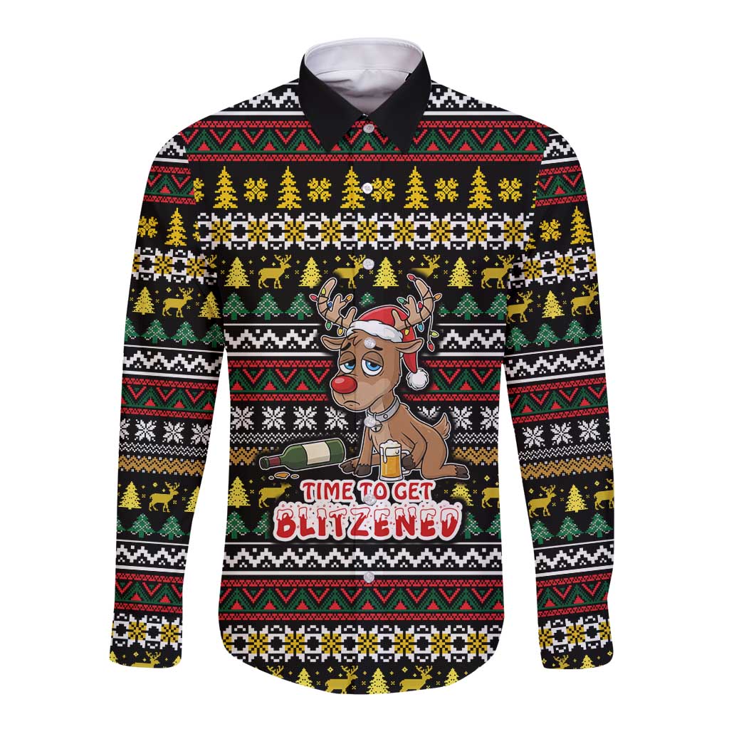 Time To Get Blitzened Christmas Long Sleeve Button Shirt Xmas Holiday Patterns - Wonder Print Shop
