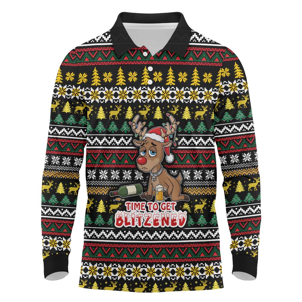 Time To Get Blitzened Christmas Long Sleeve Polo Shirt Xmas Holiday Patterns - Wonder Print Shop