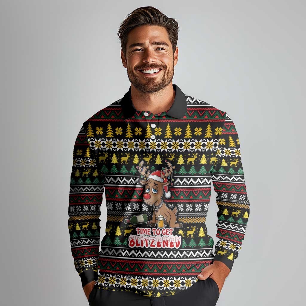 Time To Get Blitzened Christmas Long Sleeve Polo Shirt Xmas Holiday Patterns - Wonder Print Shop
