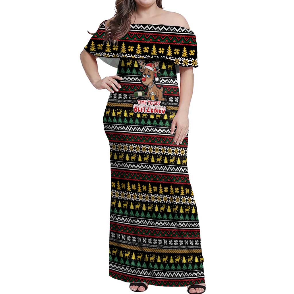 Time To Get Blitzened Christmas Off Shoulder Maxi Dress Xmas Holiday Patterns - Wonder Print Shop