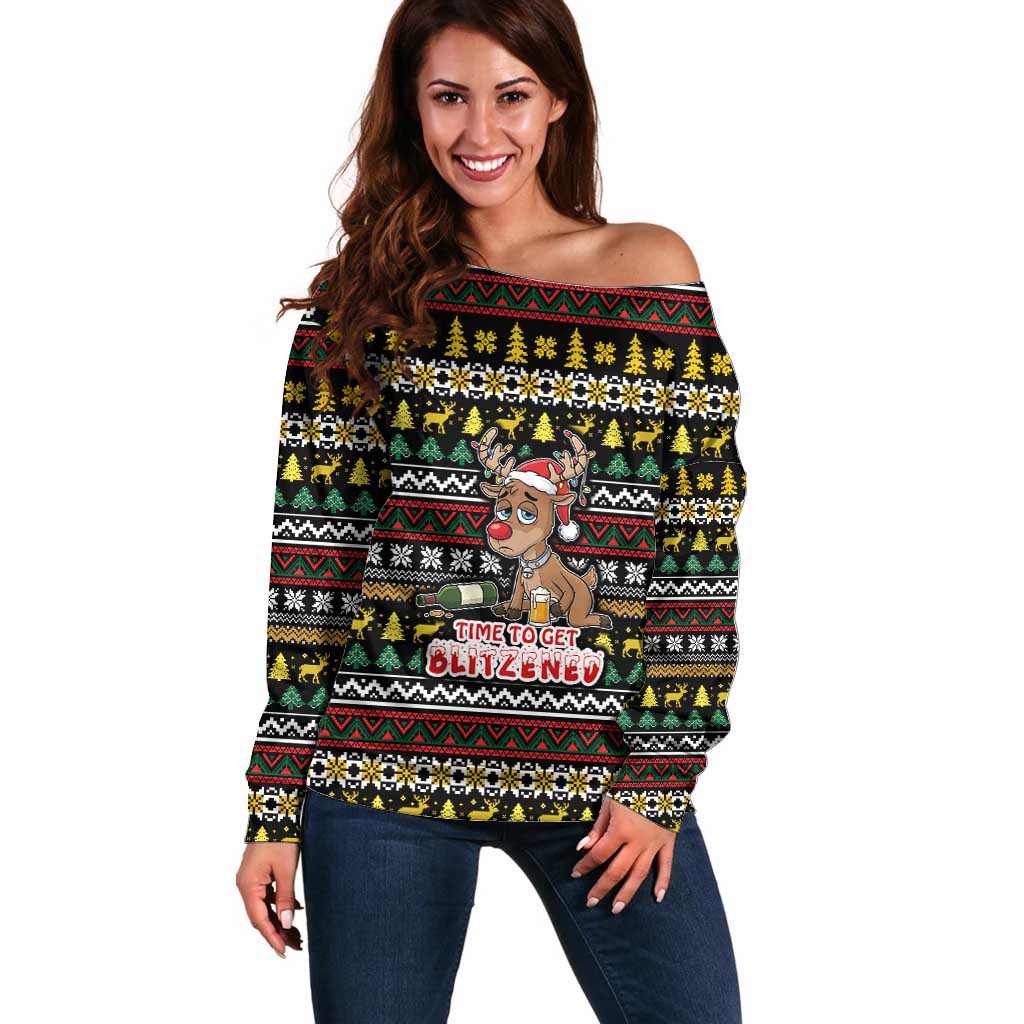 Time To Get Blitzened Christmas Off Shoulder Sweater Xmas Holiday Patterns - Wonder Print Shop