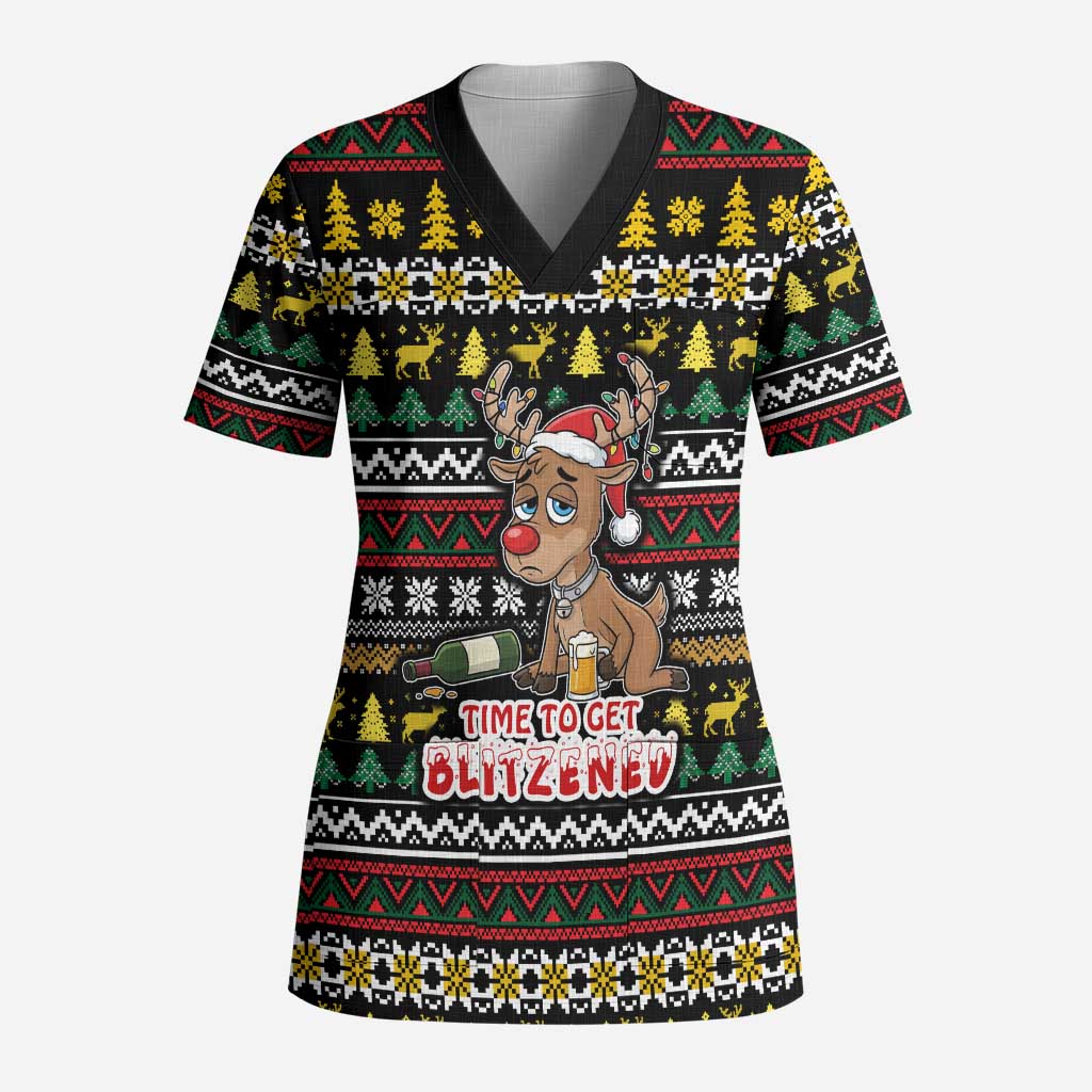 Time To Get Blitzened Christmas Scrub Top Xmas Holiday Patterns - Wonder Print Shop