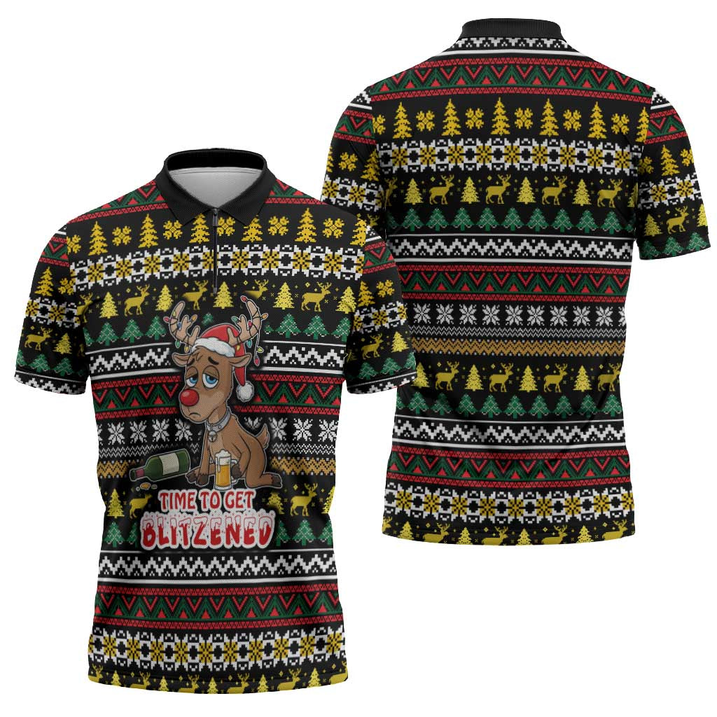Time To Get Blitzened Christmas Zipper Polo Shirt Xmas Holiday Patterns - Wonder Print Shop