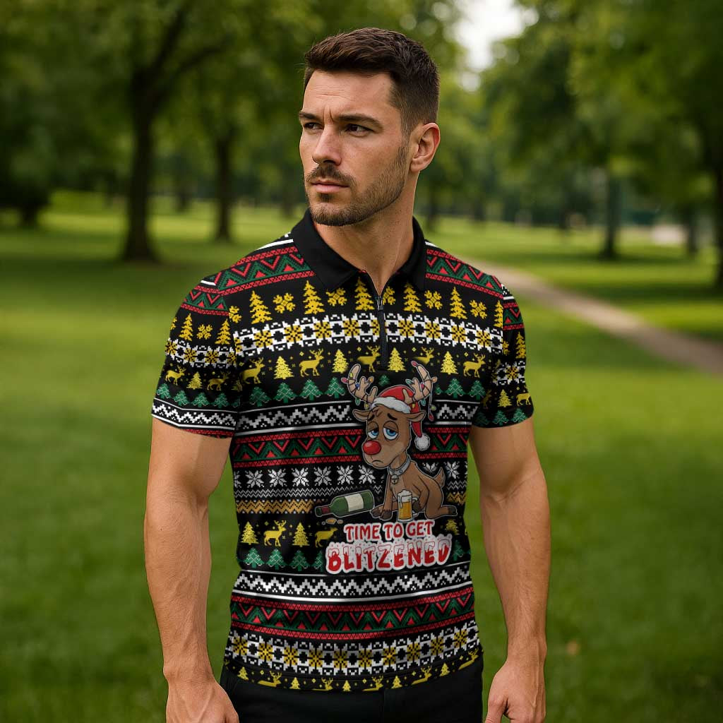 Time To Get Blitzened Christmas Zipper Polo Shirt Xmas Holiday Patterns - Wonder Print Shop
