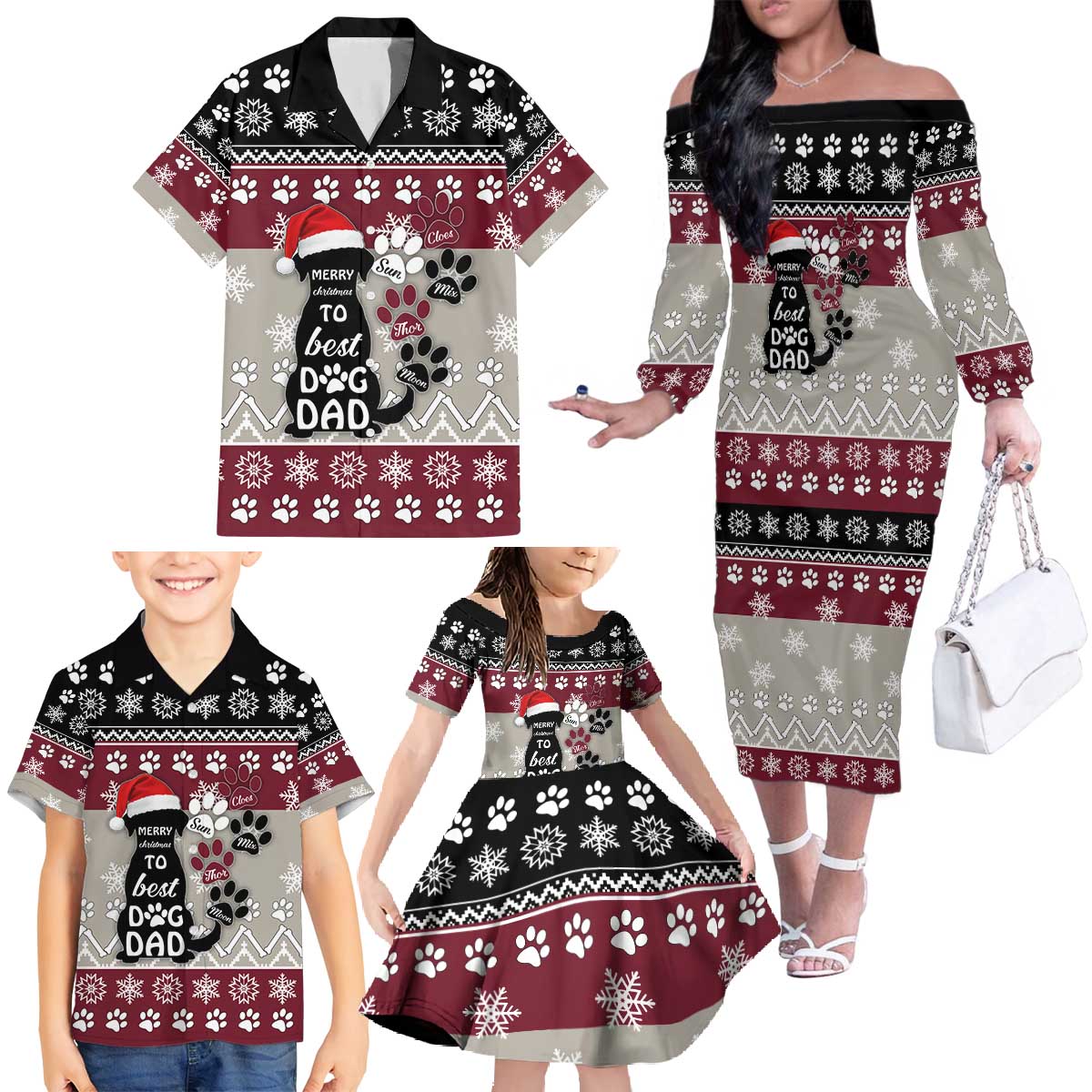 To Best Dog Dad Christmas Design Family Matching Off The Shoulder Long Sleeve Dress and Hawaiian Shirt Xmas Holiday Patterns - Wonder Print Shop