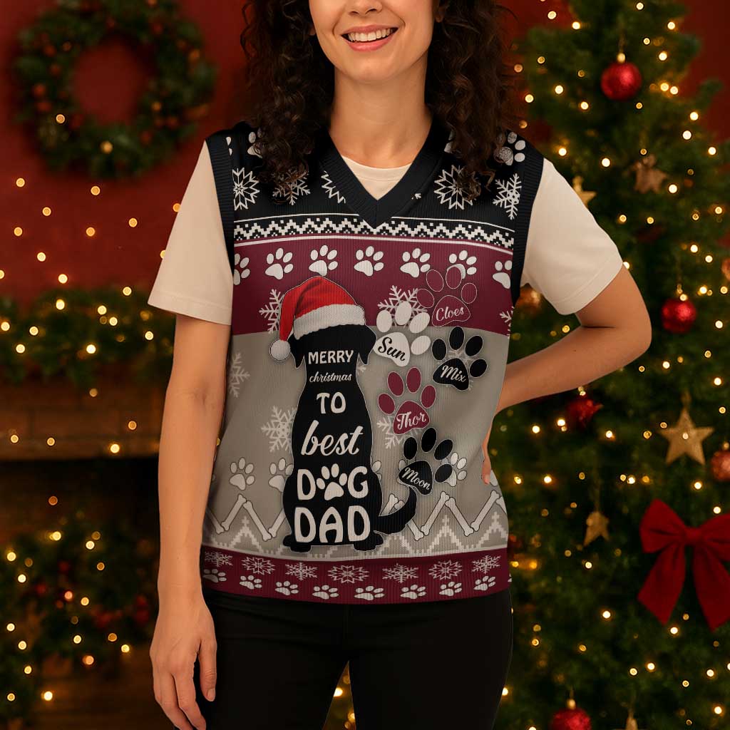 To Best Dog Dad Christmas Design Christmas Knitted V-Neck Vest Xmas Holiday Patterns - Wonder Print Shop