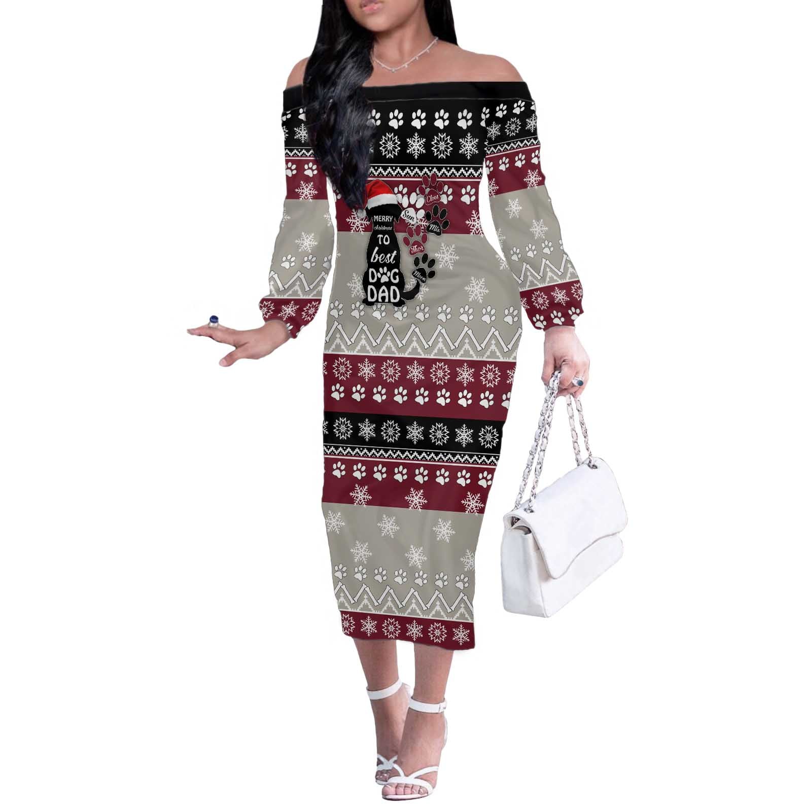 To Best Dog Dad Christmas Design Off The Shoulder Long Sleeve Dress Xmas Holiday Patterns - Wonder Print Shop