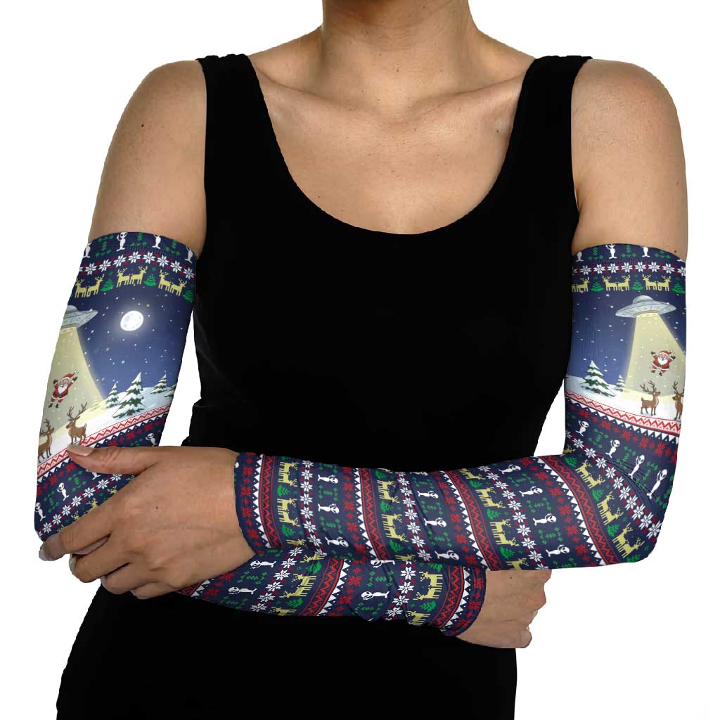 Christmas Alien Pattern with UFO Abduction of Santa Reindeer Snowy Forest Arm Sleeves Xmas Holiday Patterns - Wonder Print Shop
