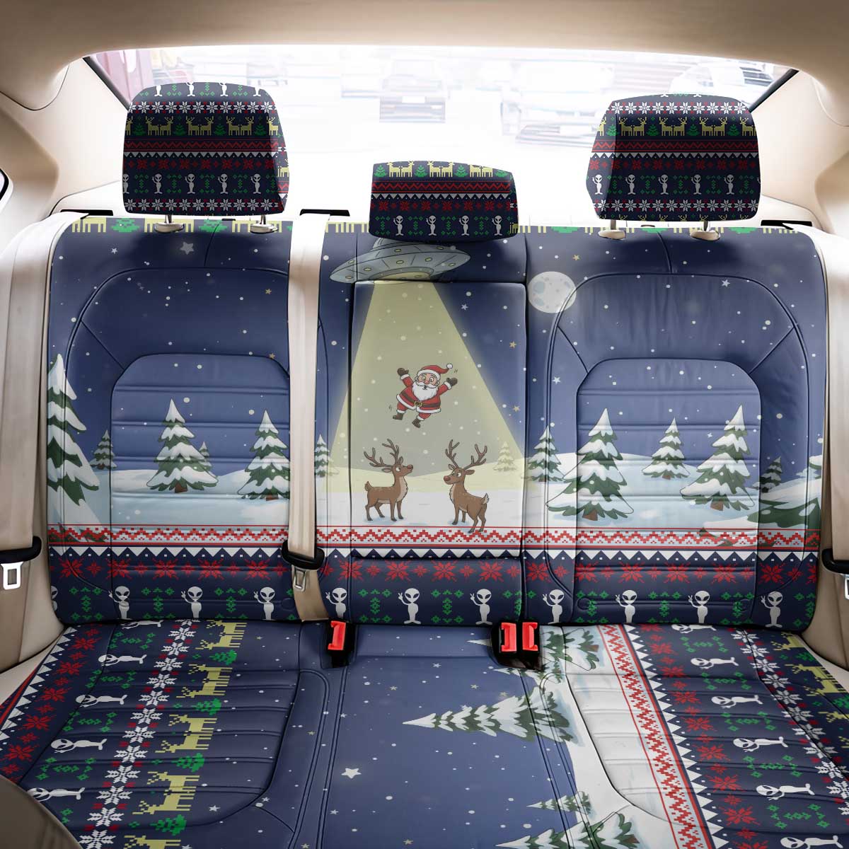 Christmas Alien Pattern with UFO Abduction of Santa Reindeer Snowy Forest Back Car Seat Cover Xmas Holiday Patterns - Wonder Print Shop