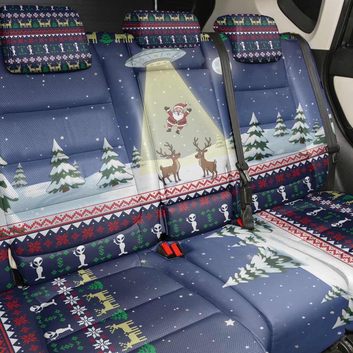 Christmas Alien Pattern with UFO Abduction of Santa Reindeer Snowy Forest Back Car Seat Cover Xmas Holiday Patterns - Wonder Print Shop