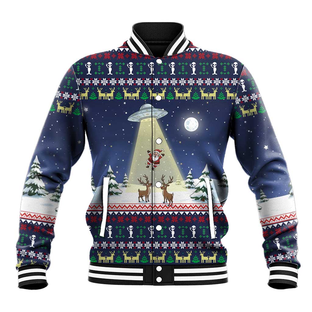 Christmas Alien Pattern with UFO Abduction of Santa Reindeer Snowy Forest Baseball Jacket Xmas Holiday Patterns - Wonder Print Shop