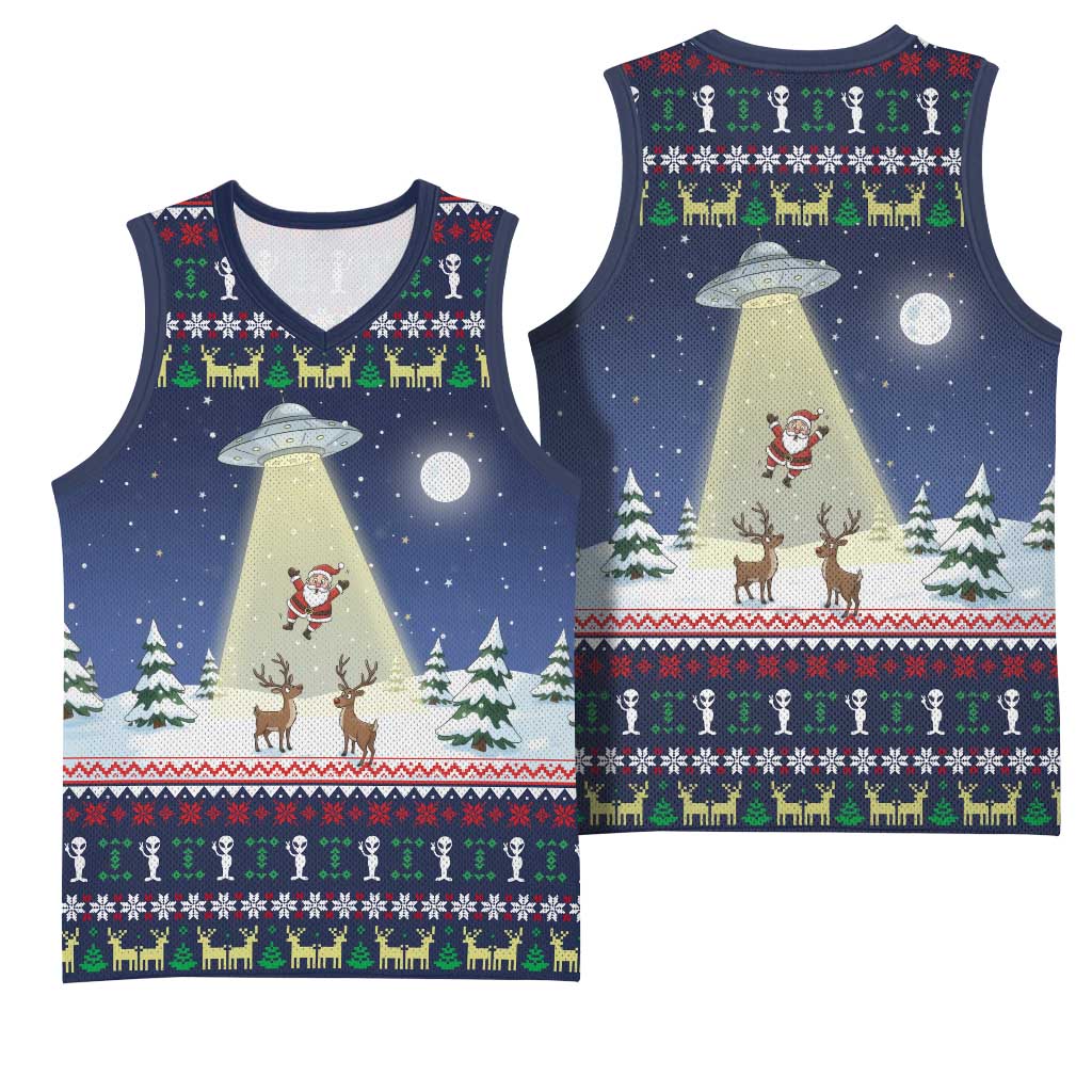 Christmas Alien Pattern with UFO Abduction of Santa Reindeer Snowy Forest Basketball Jersey Xmas Holiday Patterns - Wonder Print Shop