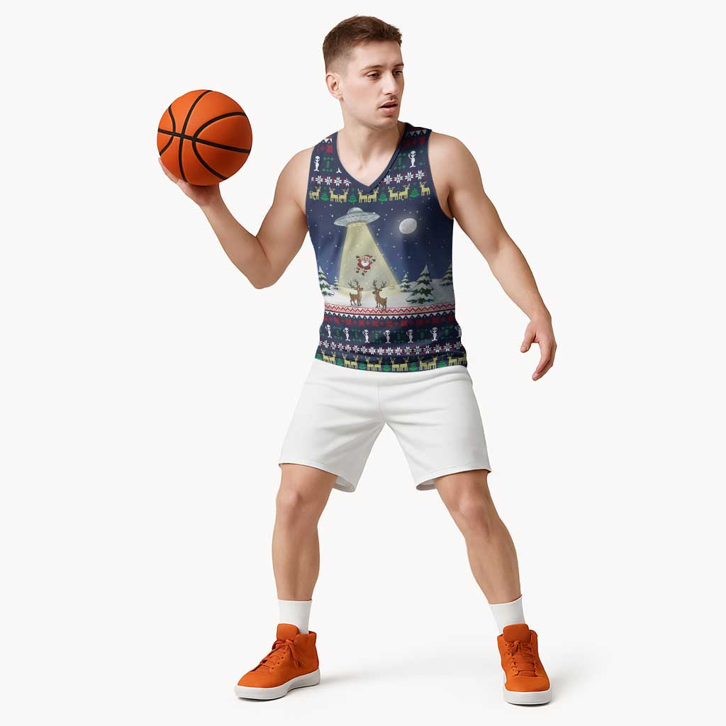 Christmas Alien Pattern with UFO Abduction of Santa Reindeer Snowy Forest Basketball Jersey Xmas Holiday Patterns - Wonder Print Shop