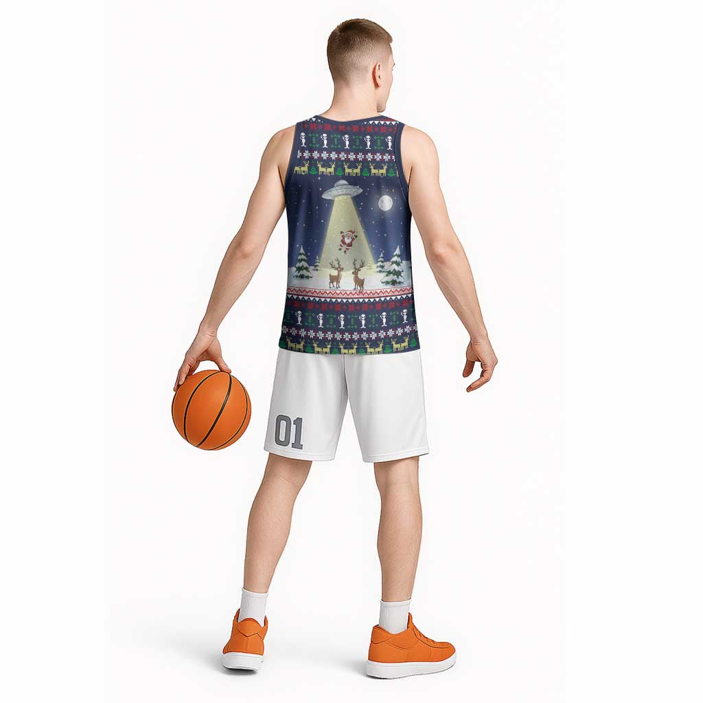 Christmas Alien Pattern with UFO Abduction of Santa Reindeer Snowy Forest Basketball Jersey Xmas Holiday Patterns - Wonder Print Shop