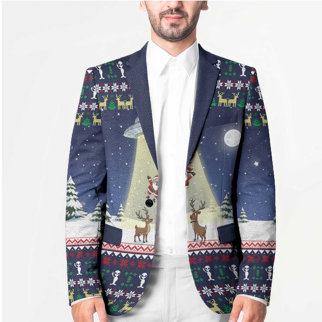 Christmas Alien Pattern with UFO Abduction of Santa Reindeer Snowy Forest Blazer Xmas Holiday Patterns - Wonder Print Shop