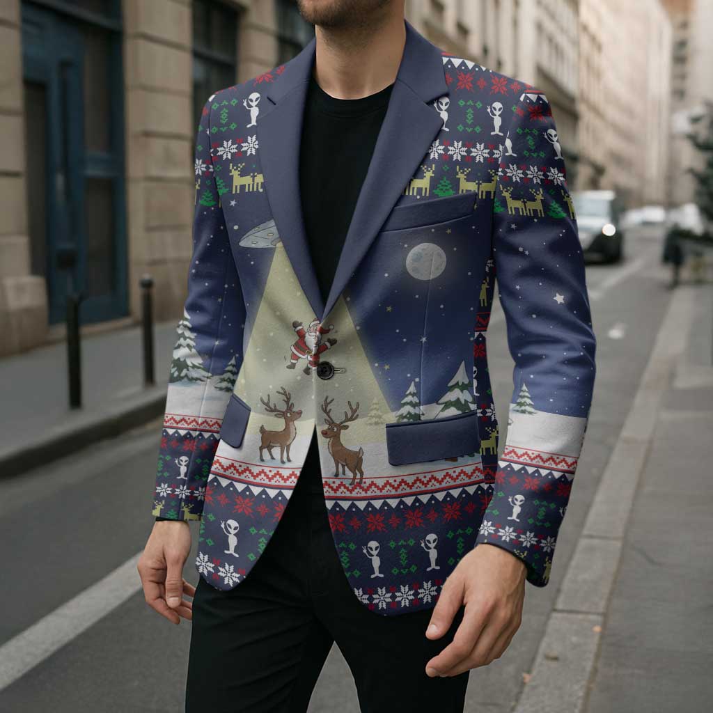 Christmas Alien Pattern with UFO Abduction of Santa Reindeer Snowy Forest Blazer Xmas Holiday Patterns - Wonder Print Shop